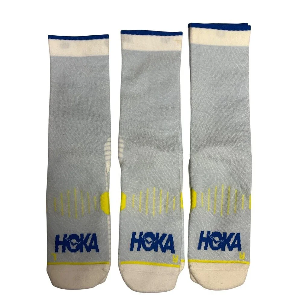 Hoka Athletic Socks Crew Length Blue Yellow Medium Moisture Wicking 3 Pair